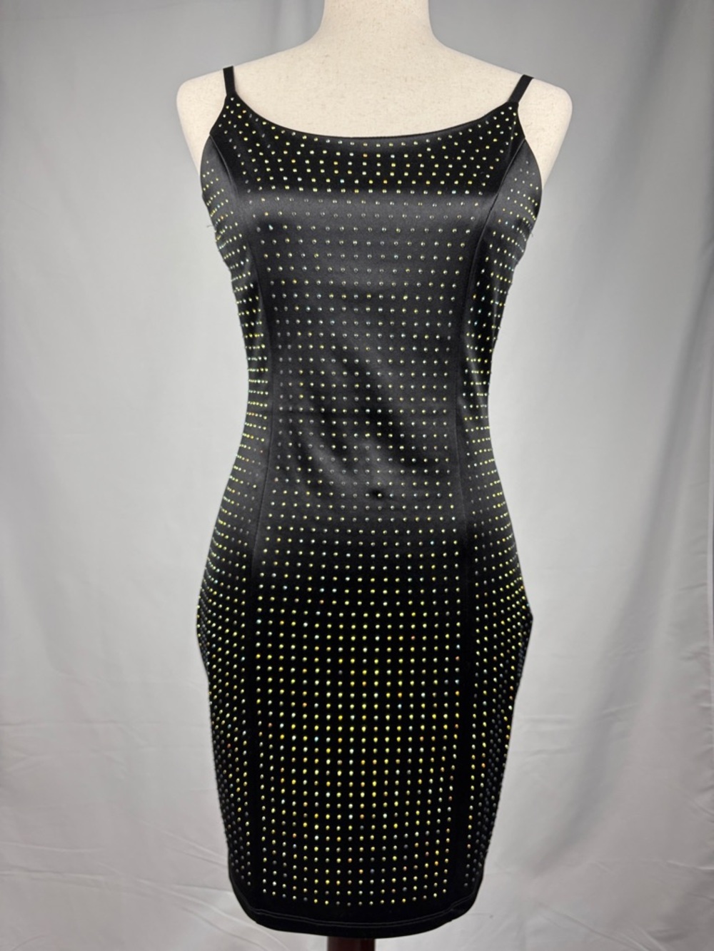 Black Studded Bodycon Mini Dress Spaghetti Strap Size M